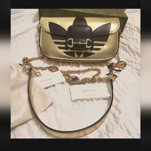 BNIB Ltd.Ed. GUCCI x ADIDAS Gold Metallic Leather Handbag #722009520981 $4250 main image 10